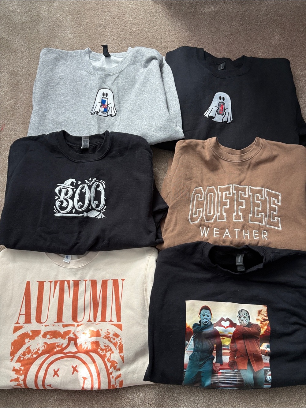 6 women’s fall/ HalloweenCrewneck Sweatshirts - Gray, Black, Brown, Cream
